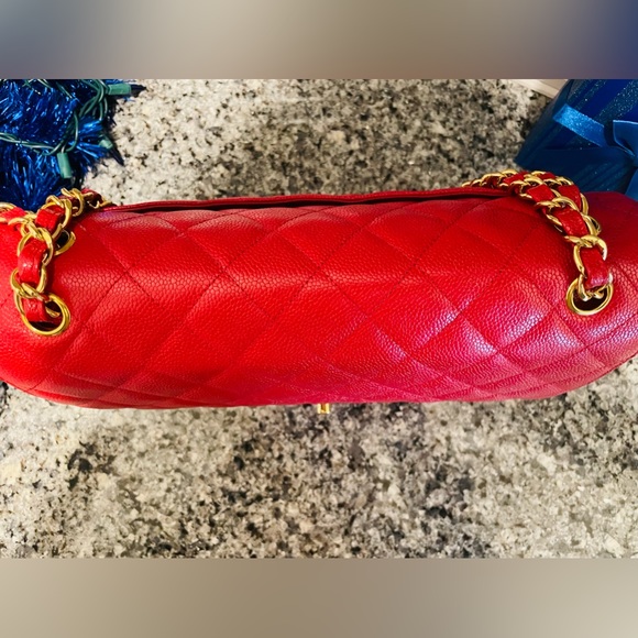 CHANEL JUMBO DOUBLE FLAP RED quilted caviar leather handbag - Picture 6 of 17